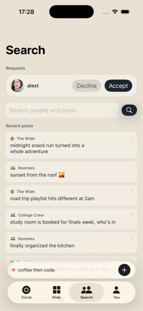 Search tab for finding people by username or contacts